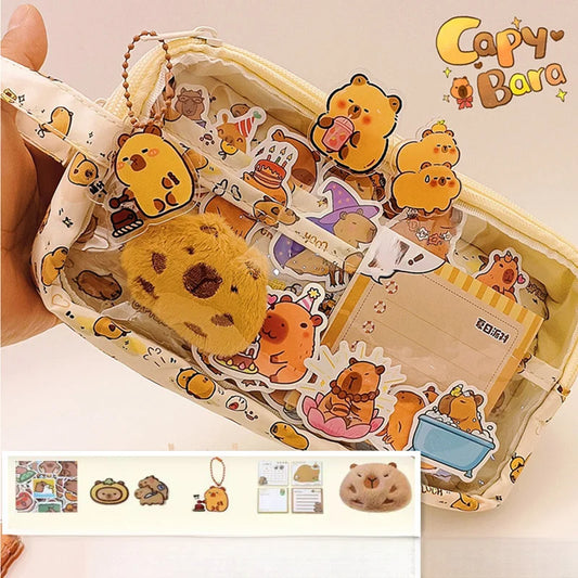 Lindo estuche para lápices de capibara con cerradura, bolsa de lona estética Kawaii, organizador transparente de útiles escolares con compartimentos, incluye