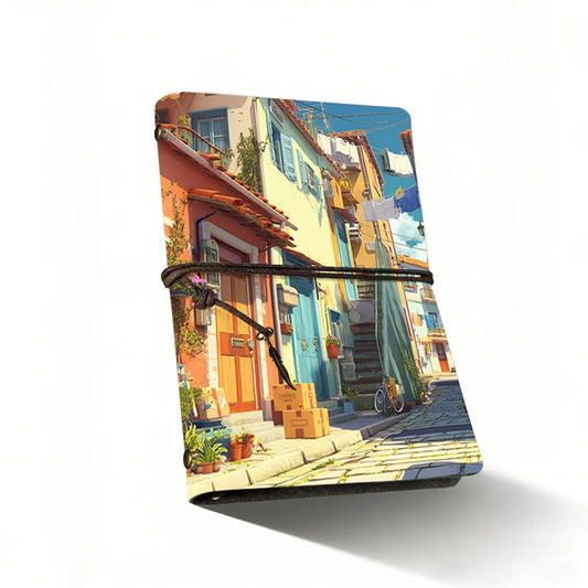 Diario A6 Minimalista Premium, 80 Hojas de Papel de Escritura Suave, Cierre con Cordón + Cubierta con Detalles Metálicos con Casas Coloridas en un Quai