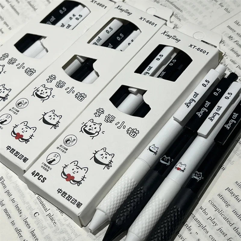 Bolígrafos Kawaii de 4 piezas, papelería estética, bonitos bolígrafos de gatito de la suerte, tinta negra, suministros escolares, juego de bolígrafos para regreso a la escuela