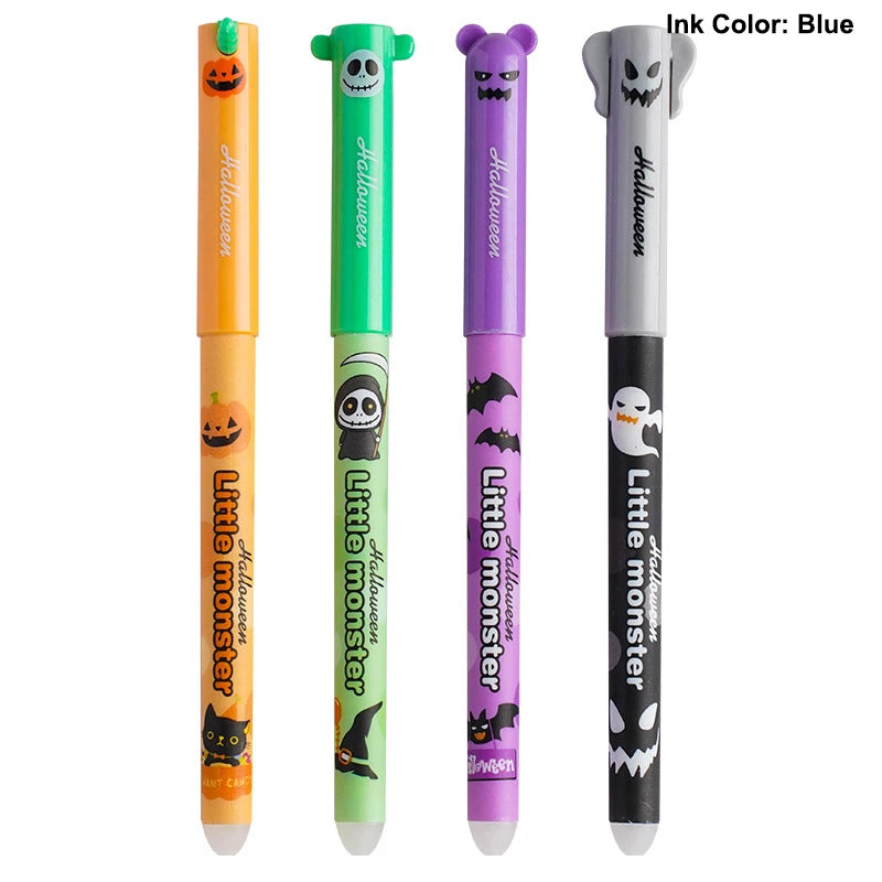 Bolígrafo de gel borrable, 0,5 mm, tinta azul y negra, dibujos animados, Halloween, Navidad, bolígrafos para firma, útiles escolares, regalos para estudiantes, 4 piezas