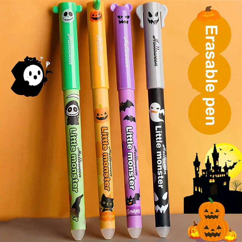 Bolígrafo de gel borrable, 0,5 mm, tinta azul y negra, dibujos animados, Halloween, Navidad, bolígrafos para firma, útiles escolares, regalos para estudiantes, 4 piezas