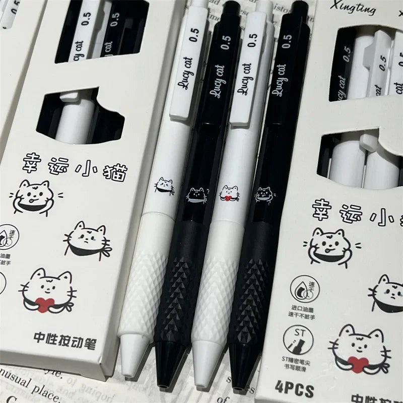 Bolígrafos Kawaii de 4 piezas, papelería estética, bonitos bolígrafos de gatito de la suerte, tinta negra, suministros escolares, juego de bolígrafos para regreso a la escuela