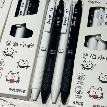 Bolígrafos Kawaii de 4 piezas, papelería estética, bonitos bolígrafos de gatito de la suerte, tinta negra, suministros escolares, juego de bolígrafos para regreso a la escuela